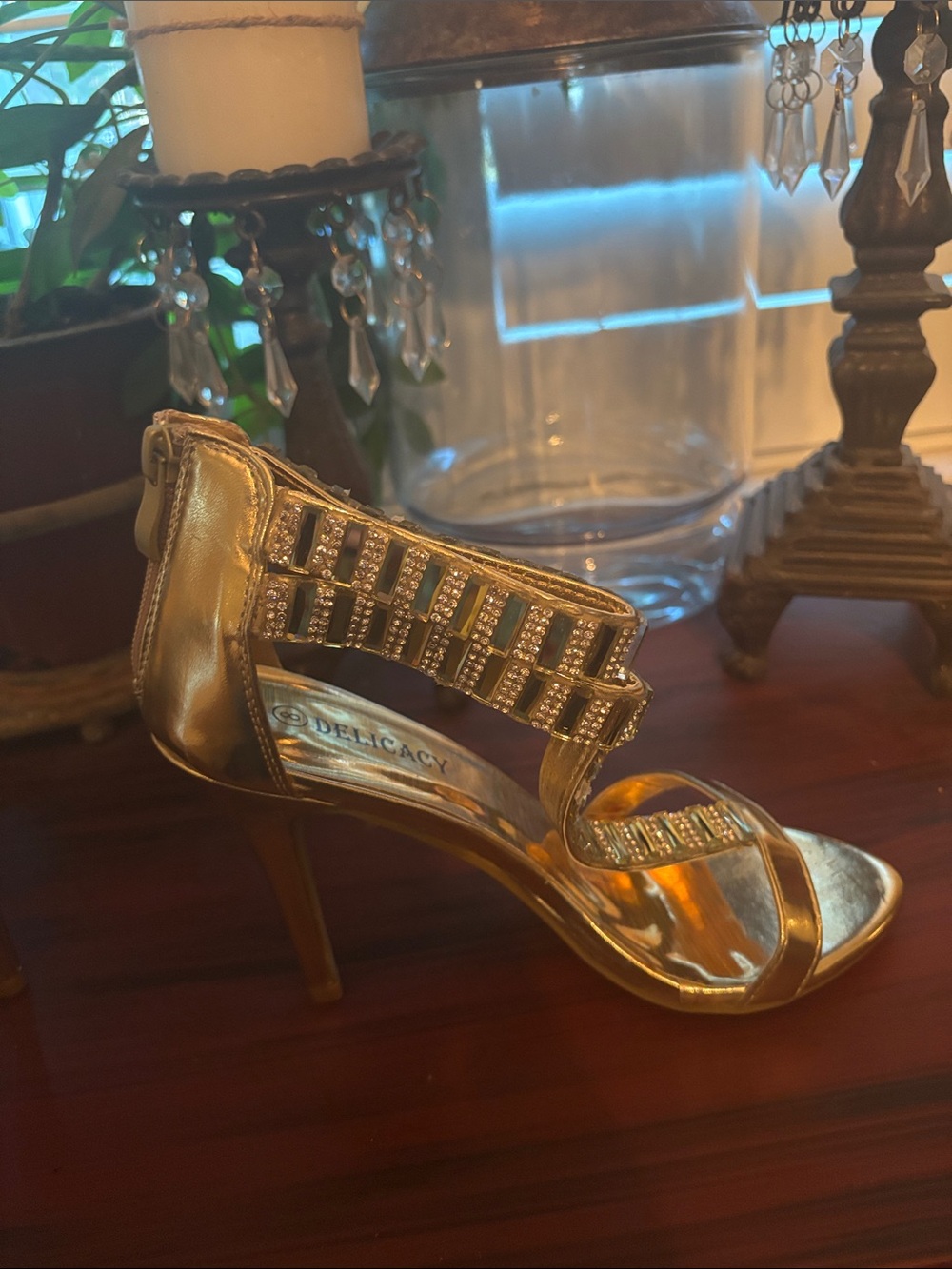 Delicacy Metallic Gold Crystal-Strap High Heels - Picture 5 of 10